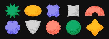 Parlak çıkartma şekli koleksiyonu. İlkel geometrik etiket paketi. Renkli vektör desenli yama ögesi paketi. Fiyat etiketi, satış promosyonu, ürün etiketi için soyut noktalı boş rozetler