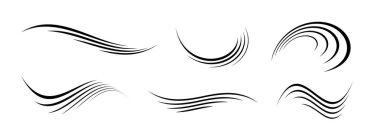 Rüzgar hareket çizgileri ayarlandı. Akan dalgalar koleksiyonu. Kasırga, esinti veya fırtına hattı kavramı. Siyah girdaplar, kıvrımlar ve spiraller. Hava hareketi ve fırtına sembolleri toplanıyor. Vektör