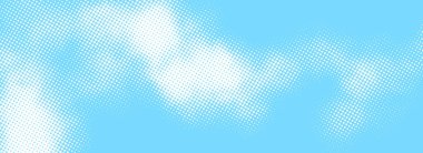 Yarım ton bulut arkaplanı. Mavi gökyüzünde beyaz noktalı bulutlar. Pankart, broşür, kolaj, poster ve broşür için çizgi roman sanatları cenneti duvar kağıdı. Toz duman, sis veya sis dokusu. Vektör illüstrasyonu