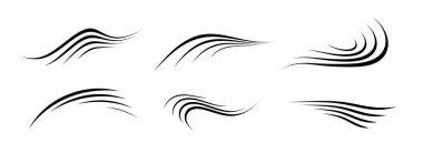 Akan rüzgar hattı ayarlandı. Hava dalgası şekli koleksiyonu. Kasırga, esinti ya da fırtına hattı konsepti. Siyah girdaplar ve kıvrımlar. Vektör akış hareketi ve toz sembolü paketi