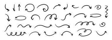 El çizimi kavisli ve düz ok seti. Siyah grunge ok koleksiyonu. Doodle işaretler ve yön çizgileri çizdi. El ilanı, poster ve broşür için dalgalı ve zigzag fırça darbeleri. Vektör