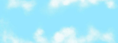 Dotted comic cloud background. White halftone clouds in sky. Pop art heaven wallpaper for banner, brochure, collage, poster, leaflet. Pixelated smoke, smog or fog texture. Vector illustration clipart