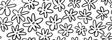 Kusursuz el çizimi çiçek deseni. Kumaş, kapak, dekor ve tekstil baskısı için boyanmış çiçek motifi arka planı. Tekrarlanan botanik fırça darbesi süsü. Vektör siyah ve beyaz çiçek açan duvar kağıdı 