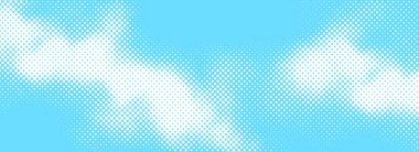 Dotted comic cloud background. Halftone clouds in sky. Pop art heaven wallpaper for banner, brochure, collage, poster, leaflet. Pixelated smoke, smog or fog texture. Vector backdrop clipart