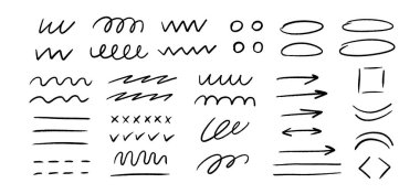 Siyah fırça darbesi ayarlandı. Çizgili çizgiler, çizgiler ve ok koleksiyonu. El çizimi kalem ya da kıvrımlı fırça darbeleri. Grunge kömür girdapları, dalgalar, spiraller ve elipsler vurgu için. Vektör