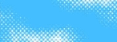 Dotted comic cloud background. Halftone clouds in bright blue sky. Pop art heaven wallpaper for banner, brochure, collage, leaflet, poster, flyer. Pixelated smoke, fog or smog texture. Vector backdrop clipart