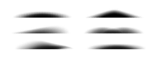 Halftone shadow set. Black dotted gradient stripes collection. Half tone textured shades pack for divide and separate. Horizontal pixelated grain line patterns. Vector noise dots and particles strips
