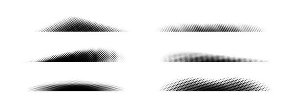 Halftone shadow set. Black dotted gradient stripe collection. Half tone textured shade pack for divide and separate. Horizontal pixelated grain line patterns. Vector noise dots and particles strips