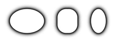 Siyah yarım ton elips çerçeve seti. Noktalı sınır koleksiyonu. Pankart şablonu, kopyalama alanı, amblem, poster ögesi için Pop Art nokta resim tutucu tasarımı. Vektörleştirilmiş çerçeve geri