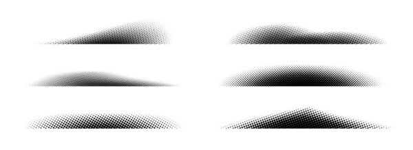 Halftone shadows set. Black dotted gradient stripes collection. Half tone textured shades pack for divide and separate. Horizontal pixelated grain line patterns. Vector noise dots and particles strips
