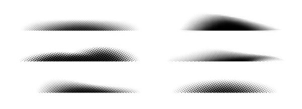 Halftone shadow set. Black dotted gradient stripe collection. Horizontal pixelated grain line patterns. Half tone textured shade pack for divide and separate. Vector noise dots and particles strips
