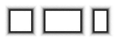 Siyah yarım ton dikdörtgen çerçeve seti. Noktalı sınır koleksiyonu. Pop sanat çizgi romanları, afiş şablonu, fotokopi alanı, amblem, poster için resim tutucu tasarımı. Vektör radikalleştirilmiş çerçeve ögesi