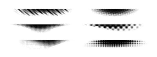 Halftone shadow set. Black dotted gradient stripe collection. Horizontal pixel grain line patterns. Half tone textured shade pack for divide and separate. Vector noise dots and particles strips