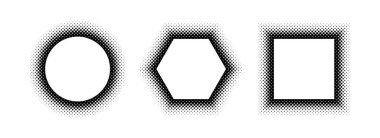 Siyah yarım tonlu geometrik çerçeve. Noktalı sınır koleksiyonu. Pankart şablonu, kopyalama alanı, amblem, poster ögesi için pop sanat çizgi roman tutucu tasarımı. Vektörleştirilmiş çerçeve paketi