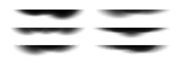 Halftone shadow set. Black dotted gradient stripe collection. Horizontal pixel grain line patterns. Half tone textured shade pack for divide and separate. Vector noise dots and particles strips