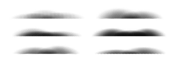 Halftone shadow set. Black dotted gradient stripe collection. Horizontal pixel grain line patterns. Half tone textured shade pack for divide and separate. Vector noise dots and particles elements