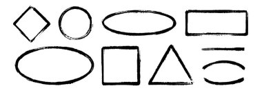 Siyah kömür el çerçeve seti. Dikdörtgen, üçgen ve yuvarlak boya fırçası kenar takımı. Diyagram için kaba taslak öğeler, vurgulama, altını çizme, vurgu. Vektör karalanmış pastel boya formları