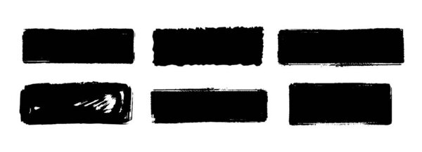 Набор прямоугольных пятен сухой краски. Черный гранж мел квадратной коллекции. Пакет текстурированных элементов мазка кисти. Шаблоны угля ручной работы для дизайна рамы, шаблона, плаката, баннера, текстового поля. Вектор