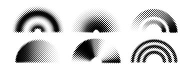 Siyah yarım ton kemer koleksiyonu. Pixelated 8 bit gradyan yay seti. Kolaj, grafik tasarım şablonu, afiş, poster, el ilanı için noktalı pop sanat eğrisi ögesi paketi. Vektör çizgi roman büküm paketi