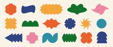 Soyut etiket şekli seti. Renkli retro pop pop sanat sınır unsurları koleksiyonu. Rozet, etiket, etiket, afiş, poster tasarımı, işaret için renkli geometrik çerçeve paketi. İsviçre tarzı yama paketi. Vektör