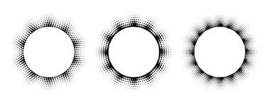 Siyah yarım ton daire çerçeve seti. Noktalı yuvarlak sınır koleksiyonu. Pankart şablonu, kopyalama alanı, amblem, poster ögesi için Pop Art nokta resim tutucu tasarımı. Vektörleştirilmiş dalgalı çerçeveler