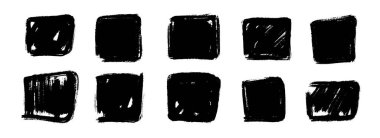 Kuru boya lekesi seti. Siyah Grunge mürekkep çerçeve kutusu koleksiyonu. Fırça darbesi dikdörtgen element paketi. Poster tasarımı, afiş, şablon, metin kutusu için el çizimi kömür damlaları. Vektör sınır paketi