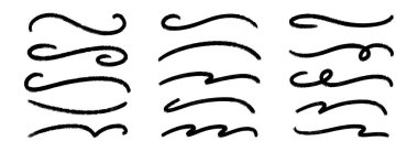 Dalgalı boya dizisi. Karalamalı fırça darbesi koleksiyonu. Vurgu, altçizgi ve vurgu için sert kömür kıvrımlı çizgiler. Vektör el, dalga boyası tebeşir şeritleri çizdi. Siyah demet.