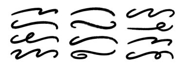 Dalgalı boya dizisi. Karalamalı fırça darbesi koleksiyonu. Vurgu, altçizgi ve vurgu için sert kömür kıvrımlı çizgiler. Vektör el, dalga boyası tebeşir şeritleri çizdi. Siyah dalgalar serpildi.