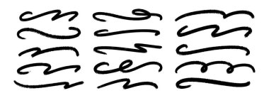 Dalgalı boya dizisi. Karalamalı fırça darbesi koleksiyonu. Sert kömür kıvrımları vurgulamak, altını çizmek ve vurgulamak için gelişir. Vektör el yapımı dalga boya kalemi şeritleri. Siyah çizgili bohça