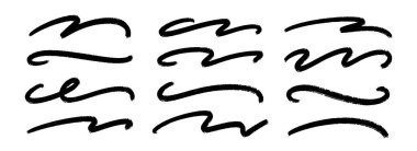 Dalga boyası ayarlandı. Karalamalı fırça darbesi koleksiyonu. Sert kömür kıvrımlı parlak bir paket, altı çizili, vurgulu. El yapımı boya kalemi şeritleri. Siyah çizgili bohça. Vektör