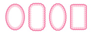 Güzel yakut desenli çerçeve. Pembe deniztarağı elips ve dikdörtgen sınır koleksiyonu. Dekorasyon, poster ve afiş için rokoko tarzı yumuşak dalgalı dantel kenar şekli. Kızsal coquette element paketi. Vektör