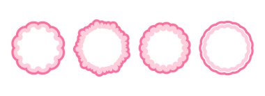 Güzel yakut desenli çerçeve. Pembe taraklı daire kenar koleksiyonu. Dekorasyon, poster, afiş ve broşür için rokoko tarzı yumuşak dalgalı dantel kenarlar. Kız gibi yuvarlak bir element paketi. Vektör