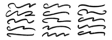 Siyah dalga boyası seti. Karalamalı fırça darbesi koleksiyonu. Vurgu, altı çizili, vurgu için kömür kıvrımlı paket. Kabataslak çizgili bohça. El yapımı boya kalemi çizgileri. Vektör