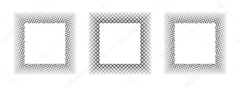 Black wavy and zig zag square frame set. Striped geometric minimalist border collection Thin line picture frame bundle. Vector simple boarder element pack for photo, cadre, poster, card, decor