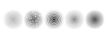 Siyah eşmerkezli daire koleksiyonu. Noktalı ve kesik ses dalgası seti. Epicenter, hedef, radar, sonar ikonu konsepti. Radyal radyo sinyali ya da titreşim elementleri. Doğrusal yarım ton sembolleri. Vektör