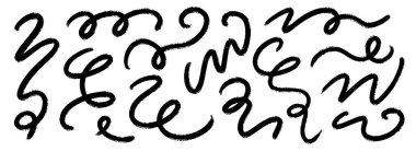 Siyah karalamalı boya seti. Kıvırcık fırça darbesi koleksiyonu. Mangal kömürü kıvrımlı, parlak, altı çizili, vurgulu. Organik boya kalemi dalgalı şeritler. Vektör kaba karalama swoosh çizgileri