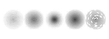 Siyah doğrusal eşmerkezli daire seti. Noktalı ve kesik ses dalgası koleksiyonu. Epicenter, hedef, radar, sonar ikonu konsepti. Vektör yarım ton radyal radyo sinyali veya titreşim ögesi paketi.