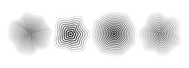 Siyah eşmerkezli yırtık daire seti. Noktalı ve kesik ses dalgası koleksiyonu. Epicenter, hedef, radar, sonar ikonu konsepti. Vektör yarım ton radyal radyo sinyali veya titreşim ögesi paketi