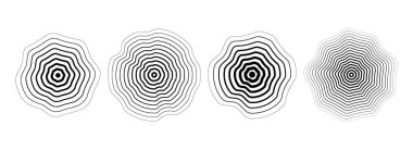 Siyah eşmerkezli dalgalı daire seti. Noktalı ve kesik ses dalgası koleksiyonu. Epicenter, hedef, radar, sonar ikonu konsepti. Vektör dalgalanması yarım ton radyal radyo sinyali veya titreşim ögesi paketi