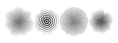 Siyah eşmerkezli dalgalı daire seti. Noktalı ve kesik ses dalgası koleksiyonu. Epicenter, hedef, radar, sonar ikonu konsepti. Vektör dalgalanması yarım ton radyal radyo sinyali veya titreşim ögesi paketi