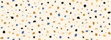 Açık bej Terrazzo pürüzsüz desen. Tekrar eden granit taş dokusu. Asfalt döşeme için renkli İtalyan mozaik yüzey tasarımı, döşeme kumaşı örnekleri, dekorasyon. Venedik mermer arka plan konsepti. Vektör