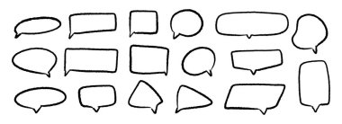 El yapımı konuşma baloncukları ayarlandı. Karalanmış pastel boya kutusu koleksiyonu. Çizilmiş, dokulu, komik konuşma çerçeveleri. Yuvarlak, kare ya da üçgen balon mesaj kutusu. Tebeşir kalem sohbet bulutu paketi. Vektör