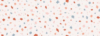 Açık bej Terrazzo pürüzsüz desen. Tekrar eden granit taş dokusu. Renkli İtalyan mozaik yüzey tasarımı asfalt döşeme, döşeme kumaşı, dekorasyon için. Venedik mermer arka plan konsepti. Vektör