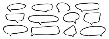 El yapımı konuşma baloncukları koleksiyonu. Karalanmış pastel boya kutusu seti. Çizilmiş, dokulu, komik konuşma çerçeveleri. Yuvarlak, kare ya da elips balon metin kutusu paketi. Tebeşir kalem sohbet bulutu paketi. Vektör