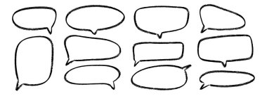 El yapımı konuşma baloncukları ayarlandı. Karalanmış pastel boya kutusu koleksiyonu. Çizilmiş, dokulu, komik konuşma çerçeveleri. Yuvarlak, kare ya da dikdörtgen balon mesaj kutusu paketi. Vektör tebeşir kalem sohbet bulutu paketi