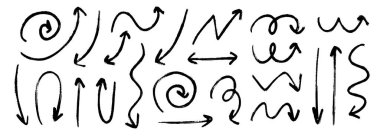 Boya kalemle çizilmiş ok koleksiyonu. Siyah dalgalı, zik zag ve düz karalama okları. Pis karakalem çizim işaretçisi ya da yön çizgisi. Vektör pastel kalem, tebeşir veya işaret fırçası vuruş elementleri