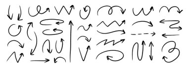 Boya kalemle çizilmiş ok koleksiyonu. Siyah dalgalı, zik zag ve kavisli oklar. Pis karakalem çizim işaretçisi ya da yön çizgisi. Vektör pastel kalem, keçeli kalem veya işaret fırçası vuruş elementleri