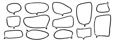 El yapımı konuşma baloncukları koleksiyonu. Çizilmiş işaret kutusu seti. Çizilmiş, dokulu, komik konuşma çerçeveleri. Yuvarlak, kare ya da dikdörtgen balon mesaj kutusu paketi. Vektör keçeli kalem sohbet bulutu paketi