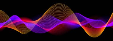 Siyah arkaplanda neon ses dalgası. Hawaii konsepti için soyut dalgalı çizgiler tasarımı, eq dengeleyici, ses kaydı, ses asistanı. Mavi mor eğimli eğri çizgili duvar kağıdı. Vektör