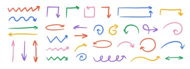 El çizimi ok koleksiyonu. Renkli kavisli, zik zag ve dalgalı karalama okları ayarlandı. Kömür çizimleri ve yön çizgileri. Vektör pastel kalem, tebeşir veya işaret fırçası vuruş elementleri